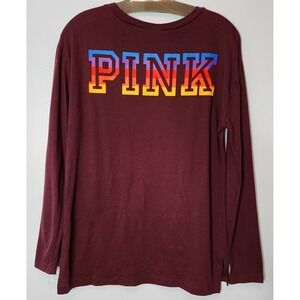 PINK Victoria's Secret Long Sleeve V Neck Shirt Burgundy Rainbow Logo XS